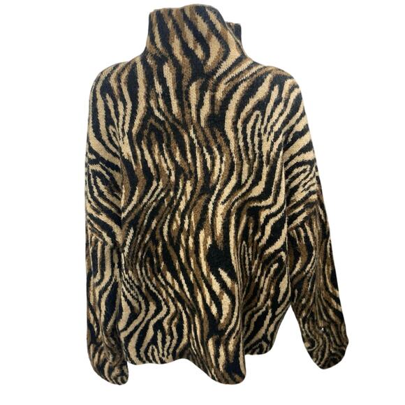 Zara Brown Wool Zebra Animal Print Turtleneck Long Sleeve Knit Sweater Top Sz L - Picture 2 of 4